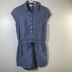 Womens Cynthia Rowley Linen‎ Romper Marled Blue S Linen Elastic Tie Waist